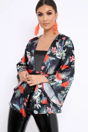 Black Floral Flared Sleeve Kimono - Shifa