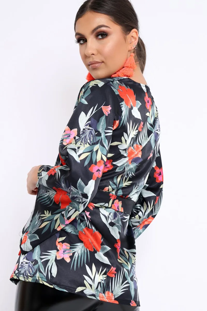 Black Floral Flared Sleeve Kimono - Shifa