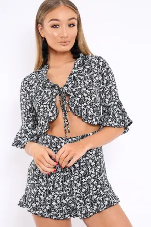 Black Floral Frill Front Cut Out Playsuit - Joanne