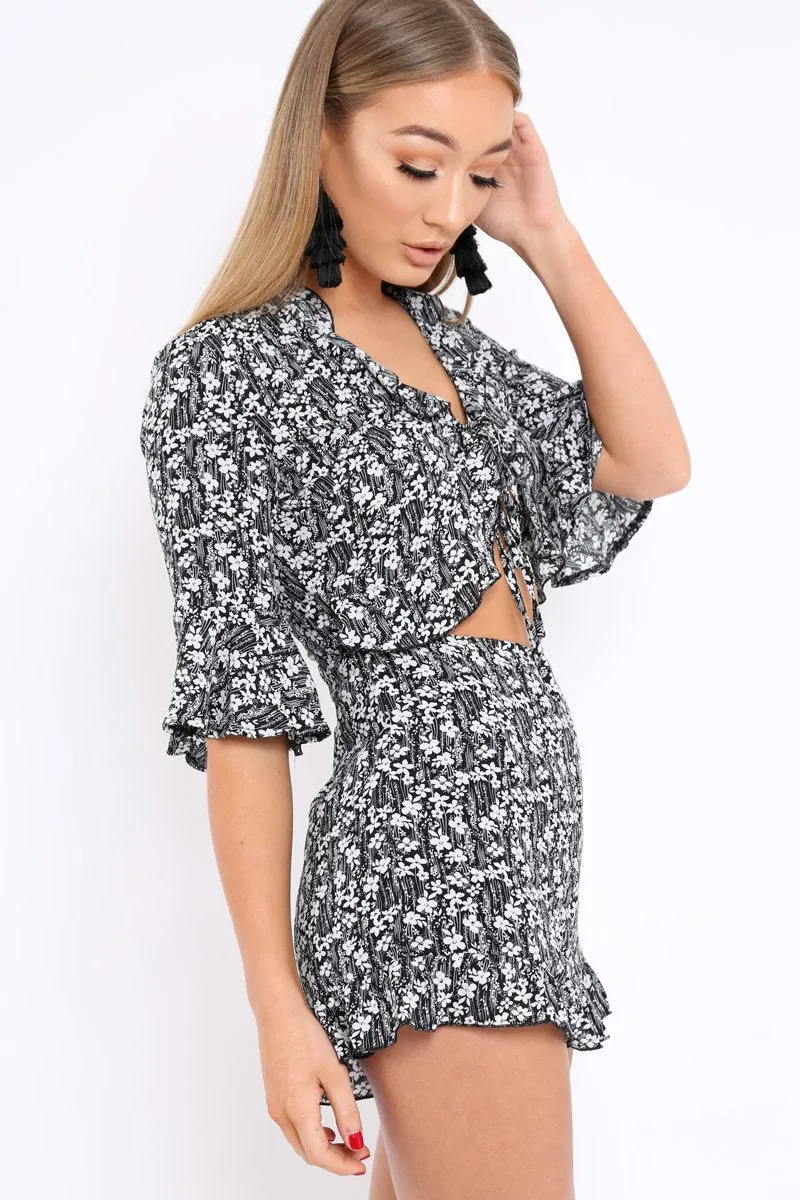 Black Floral Frill Front Cut Out Playsuit - Joanne