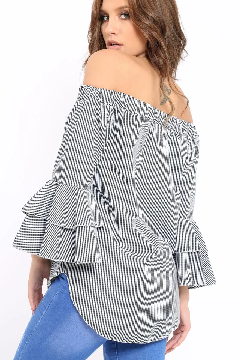 Black Gingham Bell sleeve Bardot Top - Ilsa