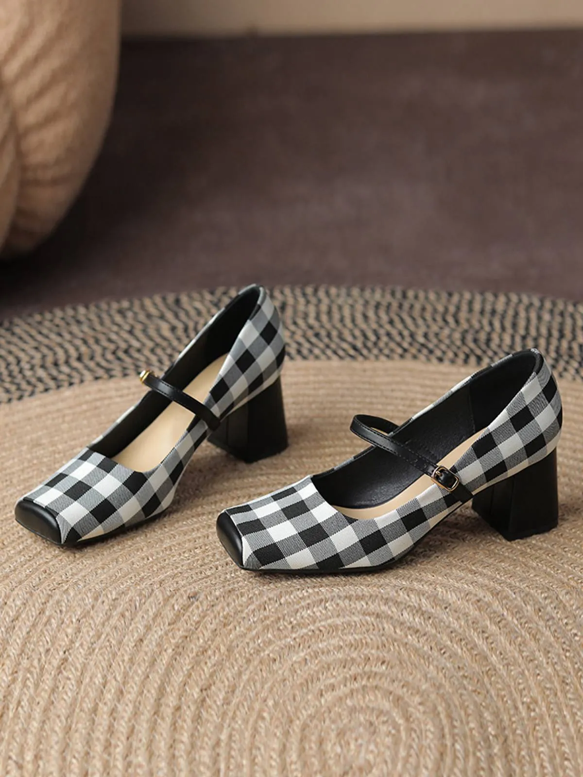 Black Gingham Plaid Square Toe Chunky Heels