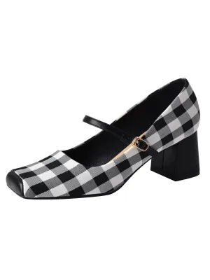 Black Gingham Plaid Square Toe Chunky Heels