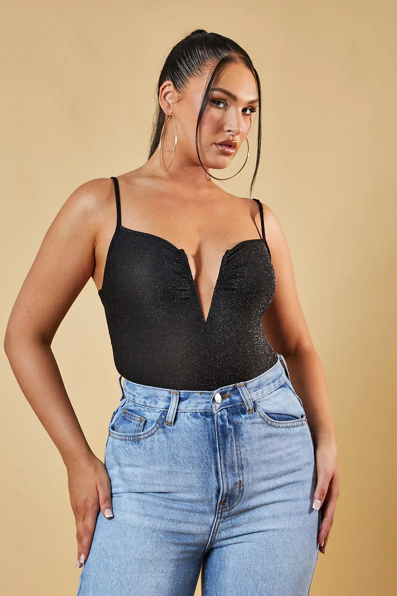 Black Glitter Plunge Neck Bodysuit - Audrey