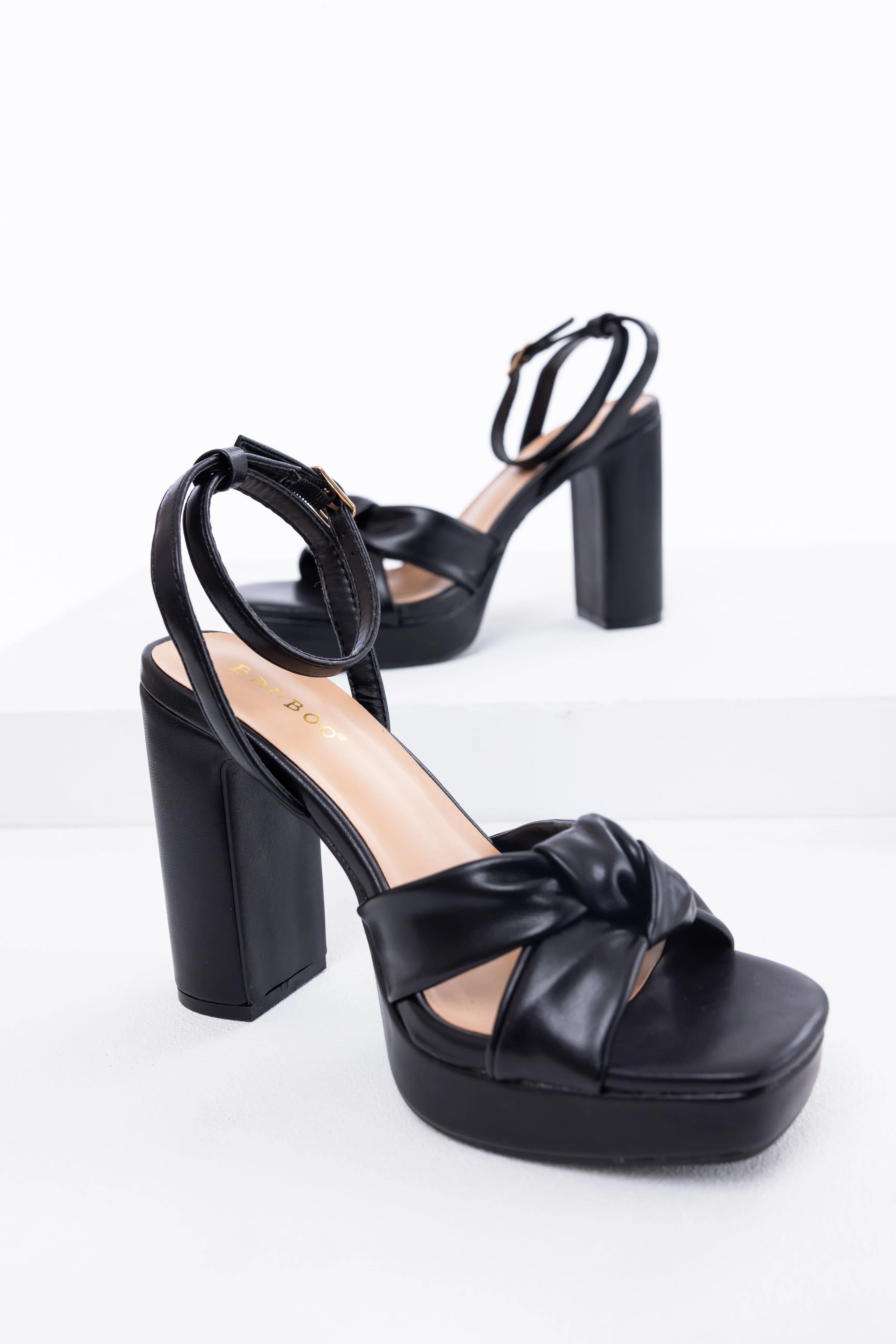 Black Knot Strap Faux Leather Platform Heels