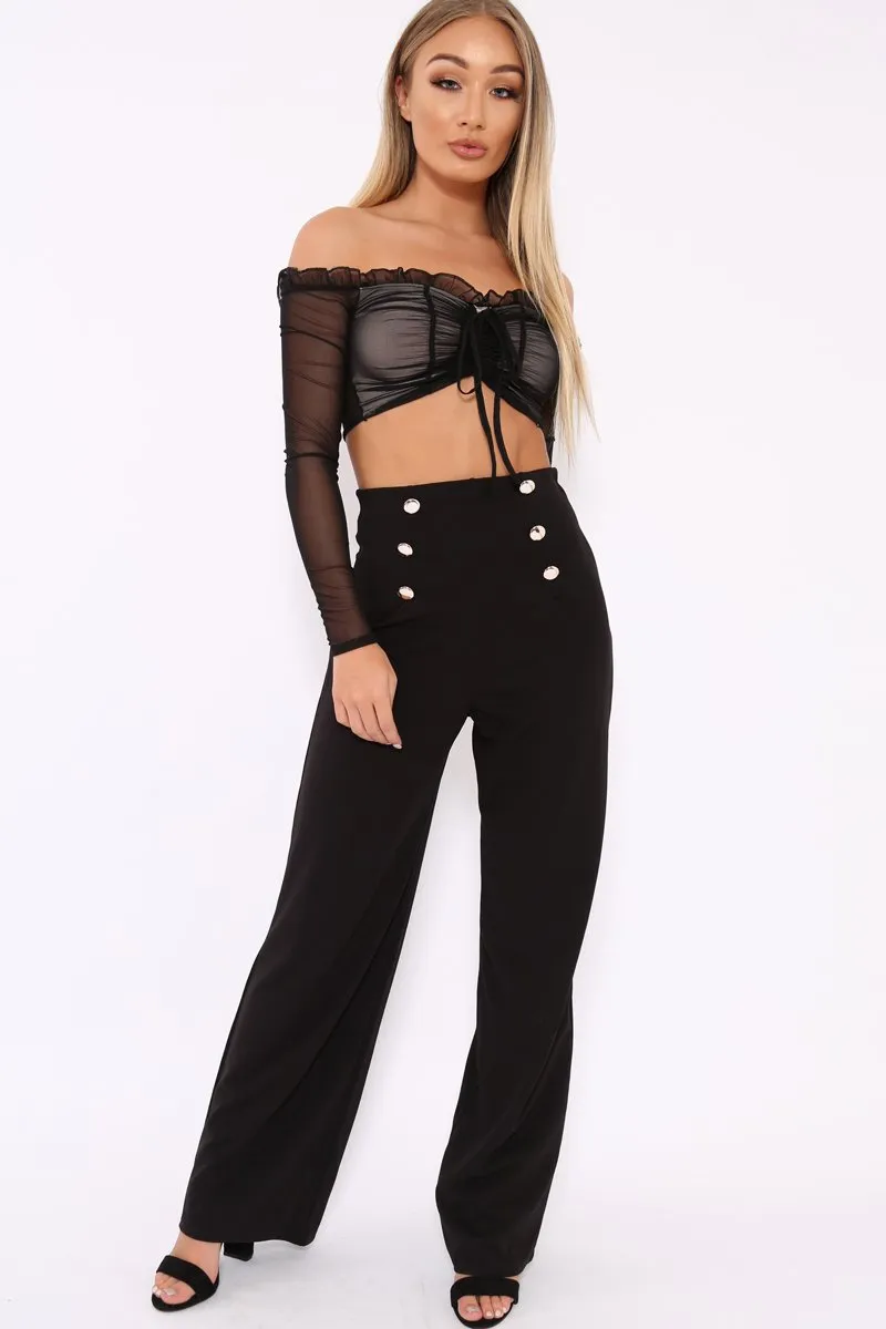 Black Mesh Bardot Ruched Front Crop Top - Carlita