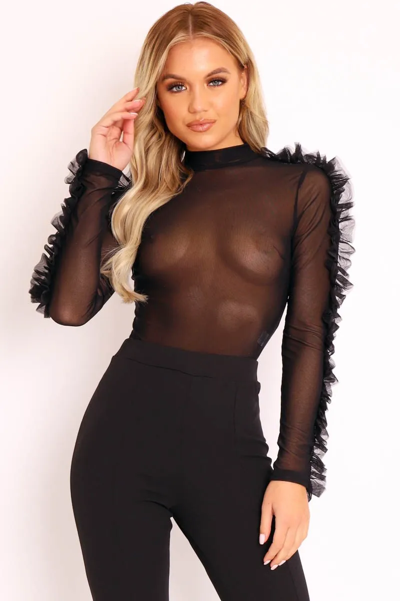 Black Mesh High Neck Frill Sleeve Bodysuit - Carla