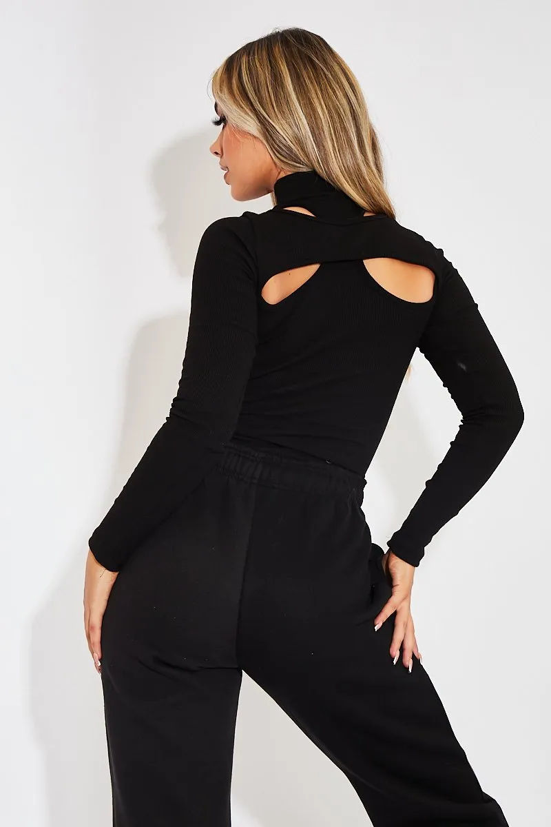 Black Ribbed Double Cut Out Top - Gena