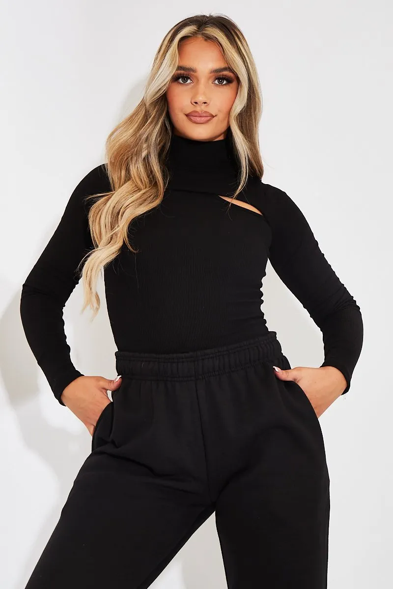 Black Ribbed Double Cut Out Top - Gena