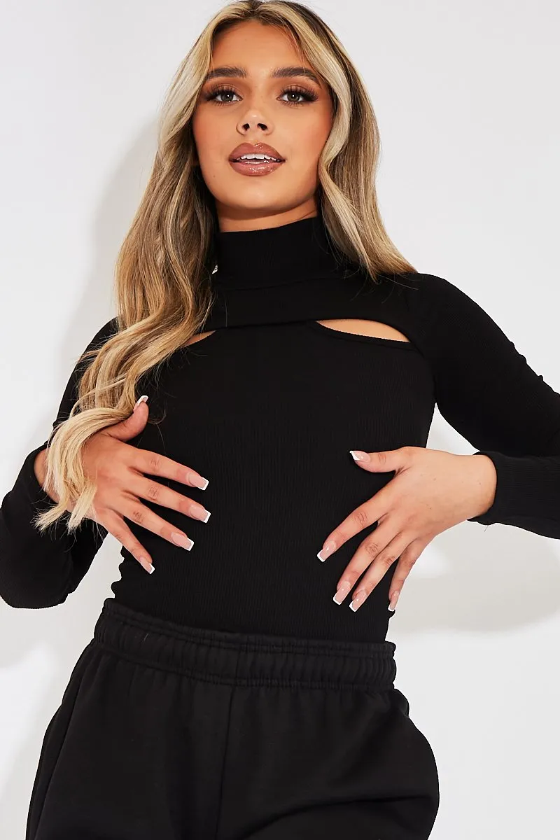 Black Ribbed Double Cut Out Top - Gena