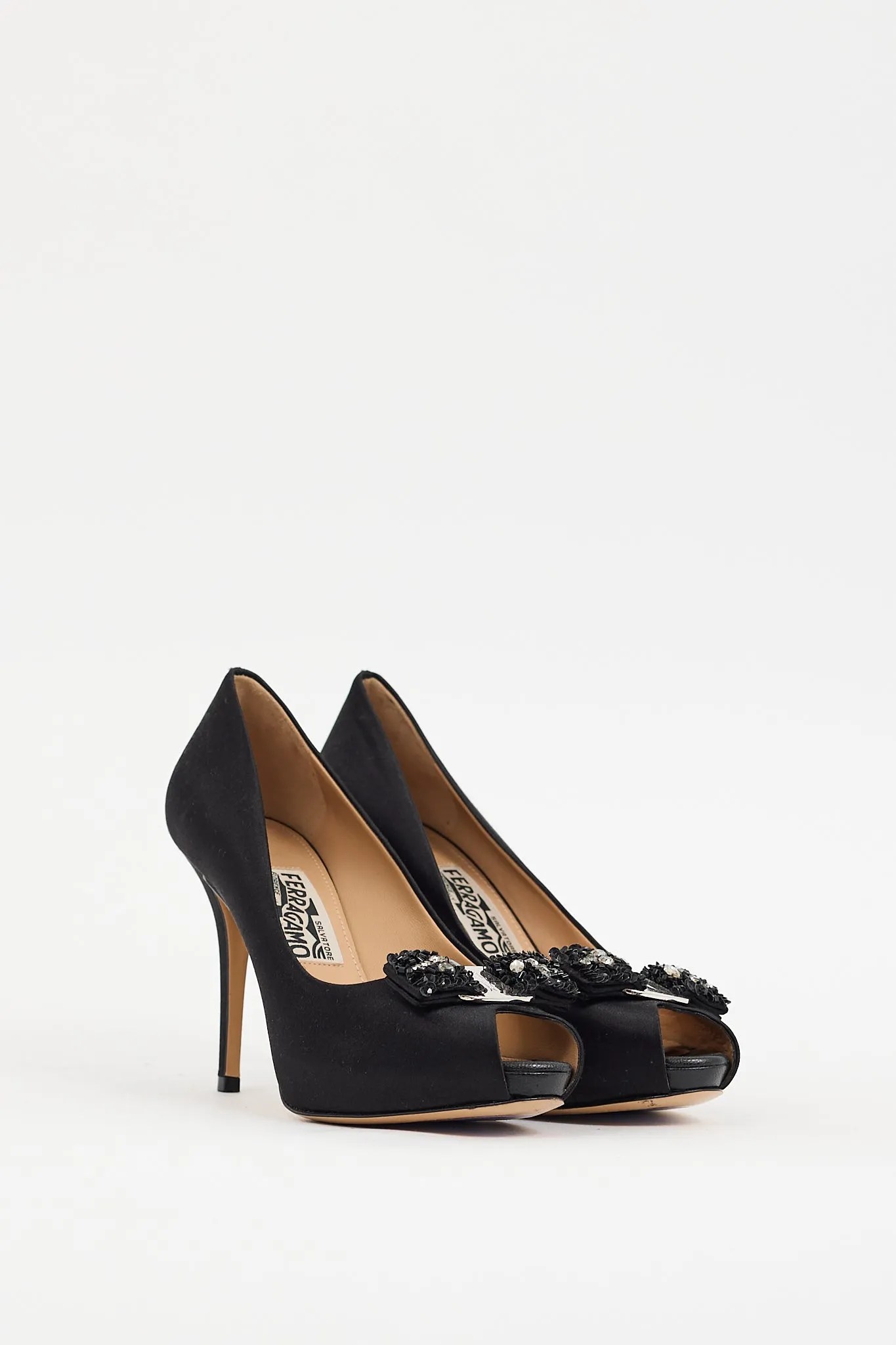 Black Satin Embellished Vara Bow Pump