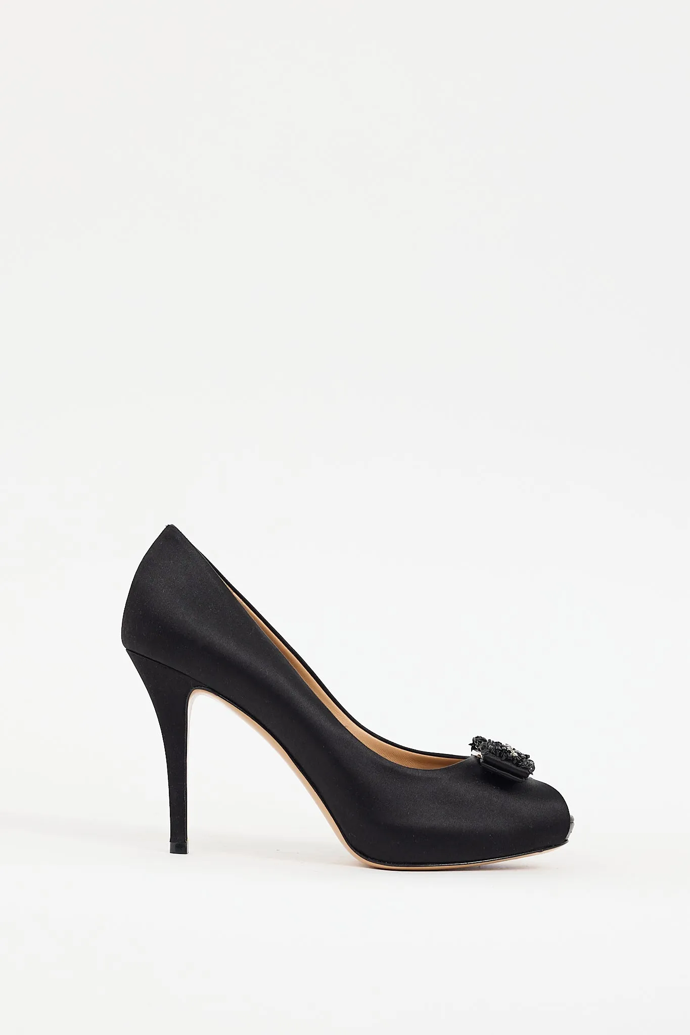 Black Satin Embellished Vara Bow Pump