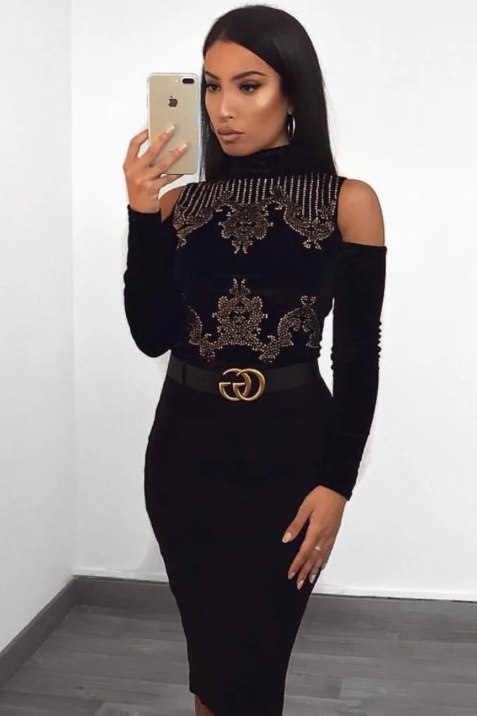 Black Velvet and beaded Cold Shoulder High Neck Bodysuit - Kyndal