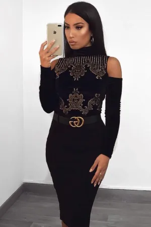 Black Velvet and beaded Cold Shoulder High Neck Bodysuit - Kyndal