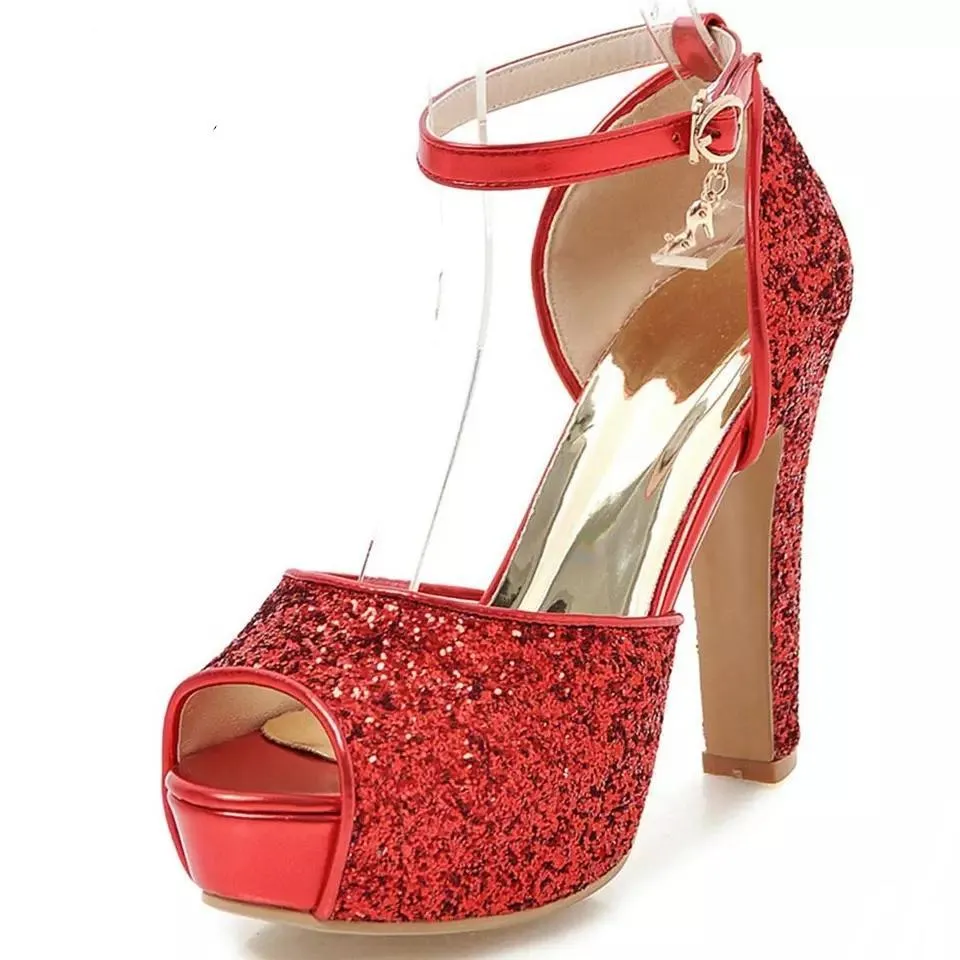 Bling Bridal sequined platform  Heels. Ankle strap Wedding Pumps