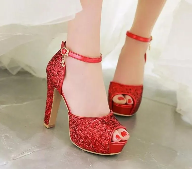 Bling Bridal sequined platform  Heels. Ankle strap Wedding Pumps