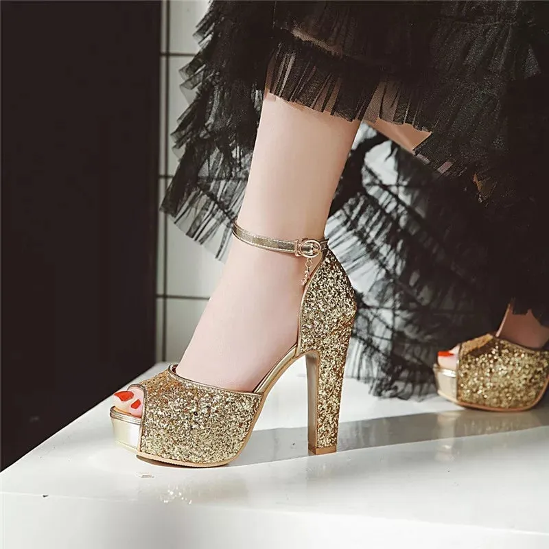 Bling Bridal sequined platform  Heels. Ankle strap Wedding Pumps