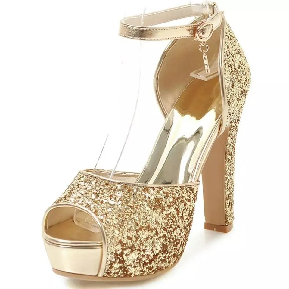 Bling Bridal sequined platform  Heels. Ankle strap Wedding Pumps