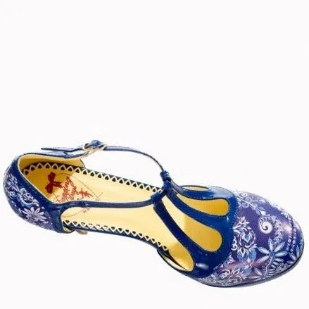 Blue Floral Retro Print T-Strap High Heels