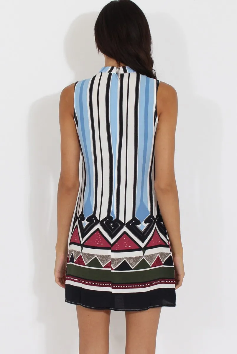 Blue Stripe Geo Border Print Cut Out High Neck Dress - Perla