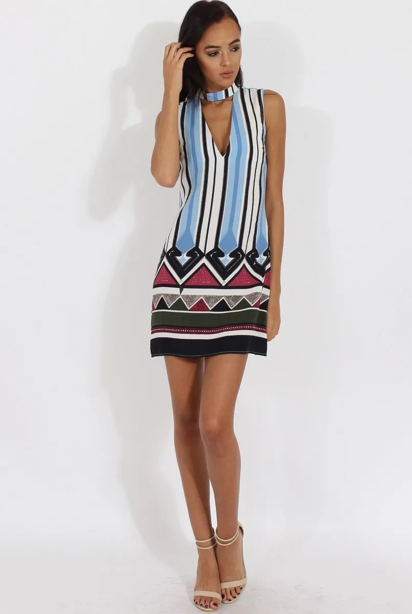 Blue Stripe Geo Border Print Cut Out High Neck Dress - Perla