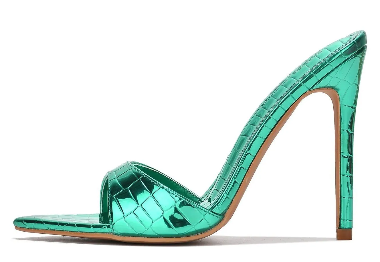 Cape Robbin Everything Green Metallic Pointy Toe Slip On Stiletto Heeled Sandals