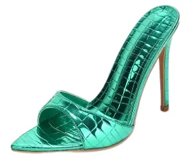 Cape Robbin Everything Green Metallic Pointy Toe Slip On Stiletto Heeled Sandals