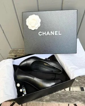 CHANEL Pearl Embellished Lambskin Leather High Heel Pumps