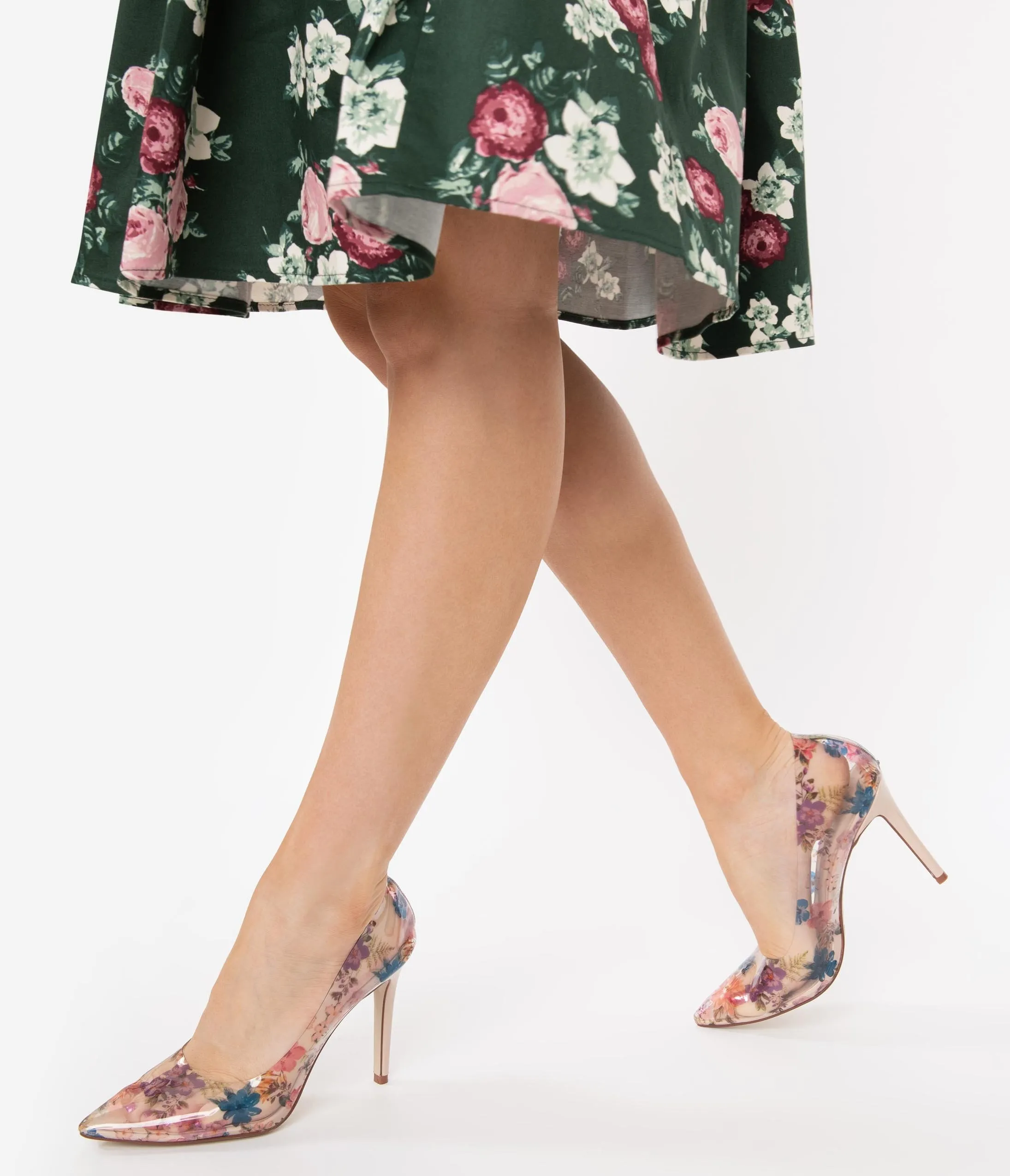 Clear Floral Vinyl High Heel Pumps