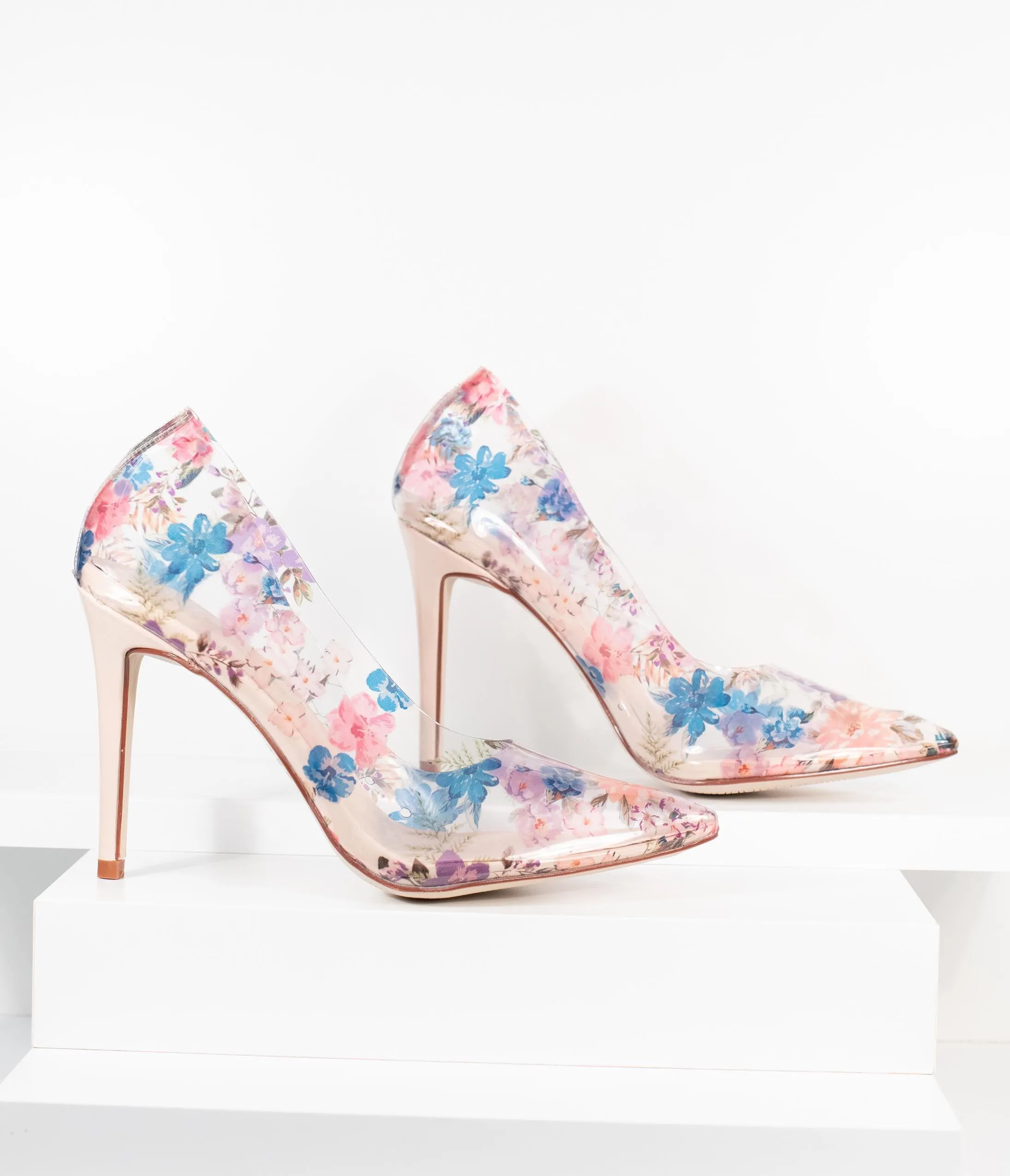 Clear Floral Vinyl High Heel Pumps