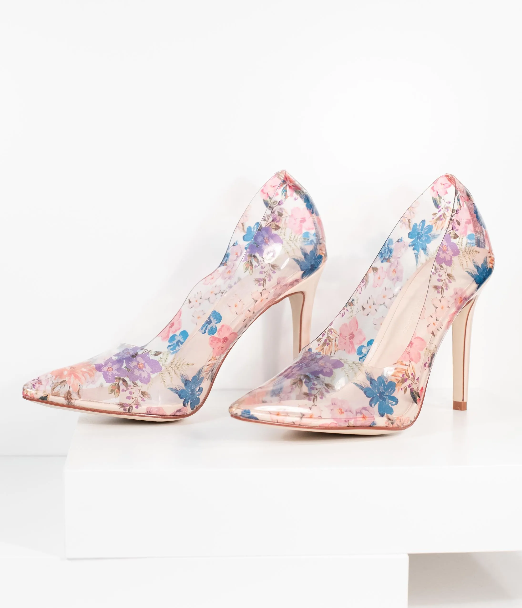 Clear Floral Vinyl High Heel Pumps