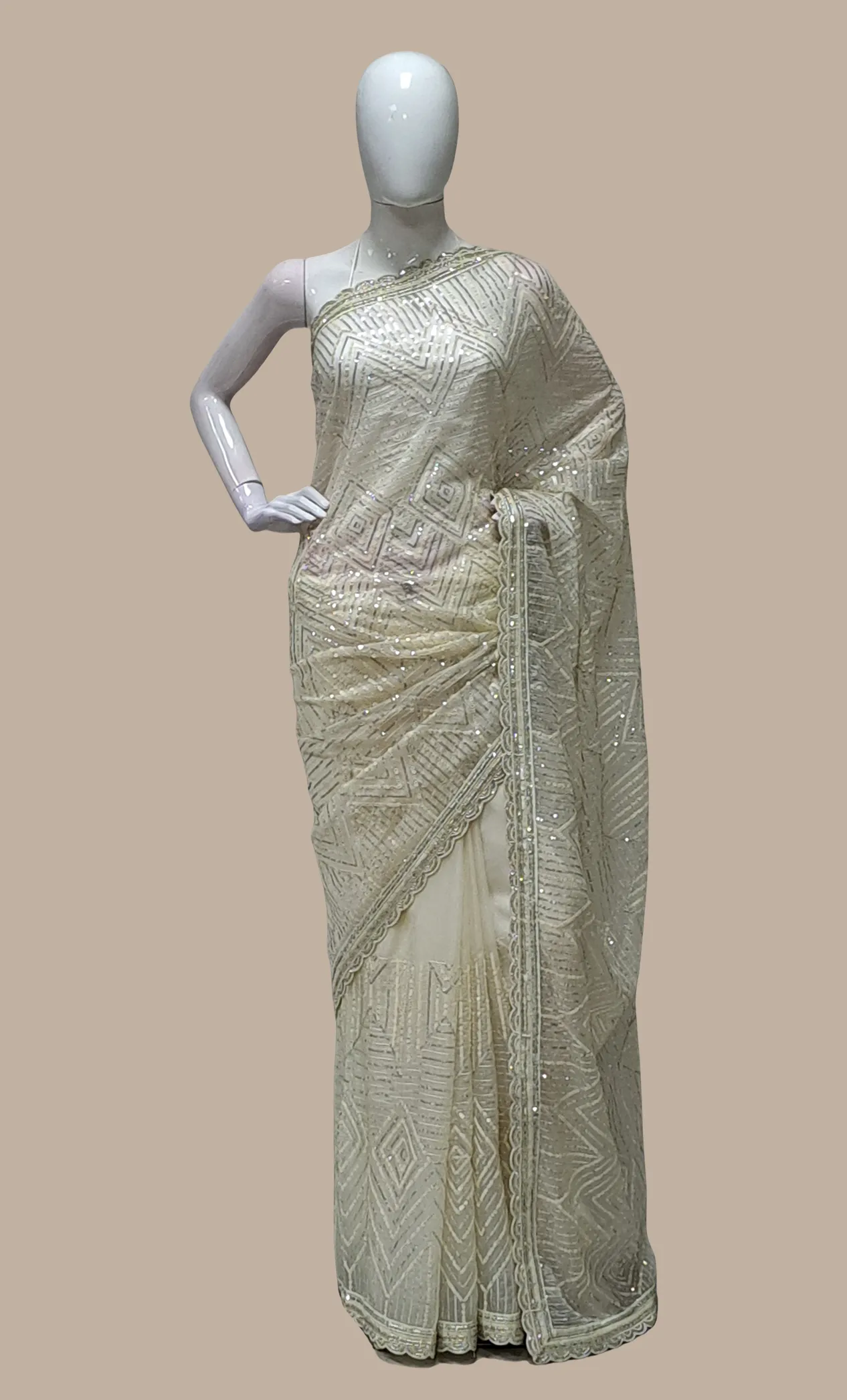 Cream Sequin Embroidered Sari