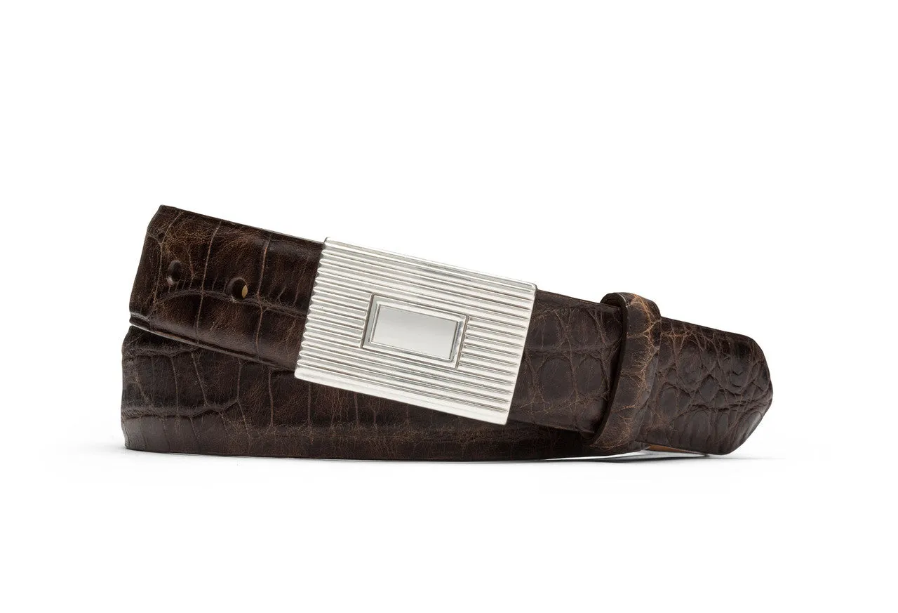 Distressed Embossed Crocodile Belt with Plaque Buckle