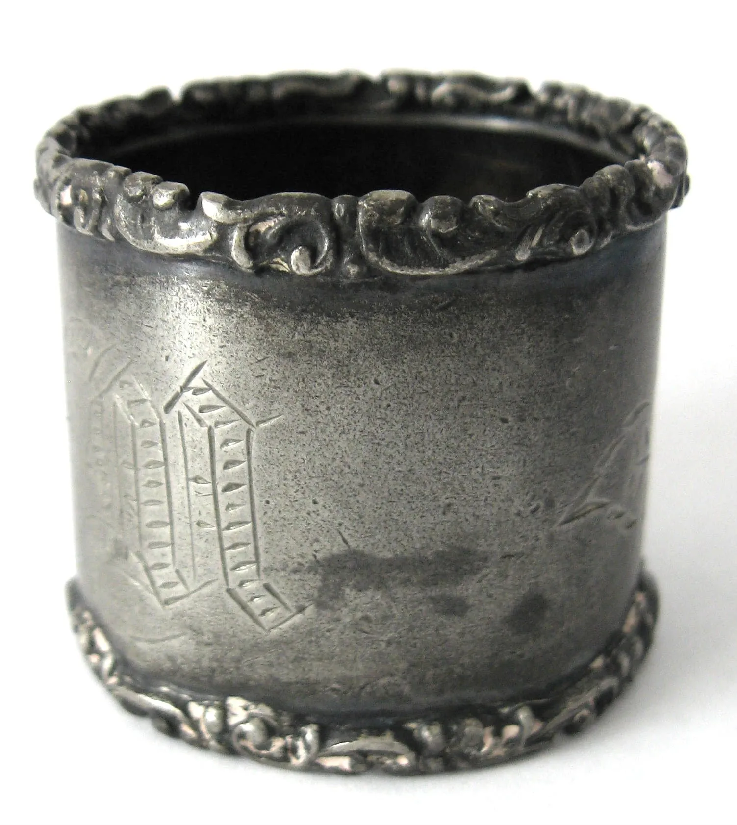 Edwardian Napkin Ring English Pewter Hand Engraved Floral Initial M or W