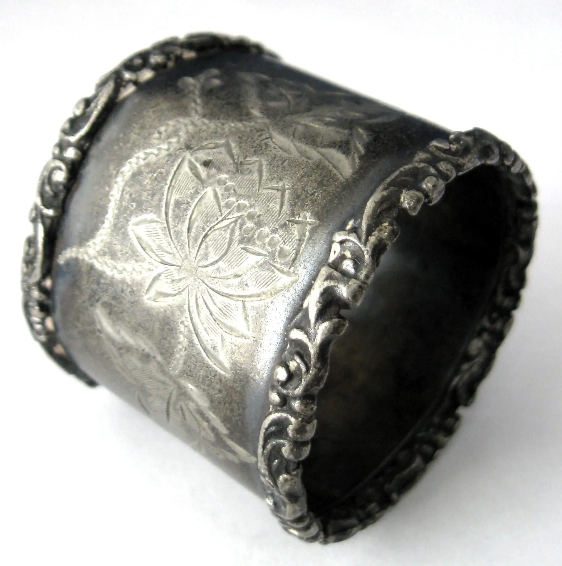 Edwardian Napkin Ring English Pewter Hand Engraved Floral Initial M or W