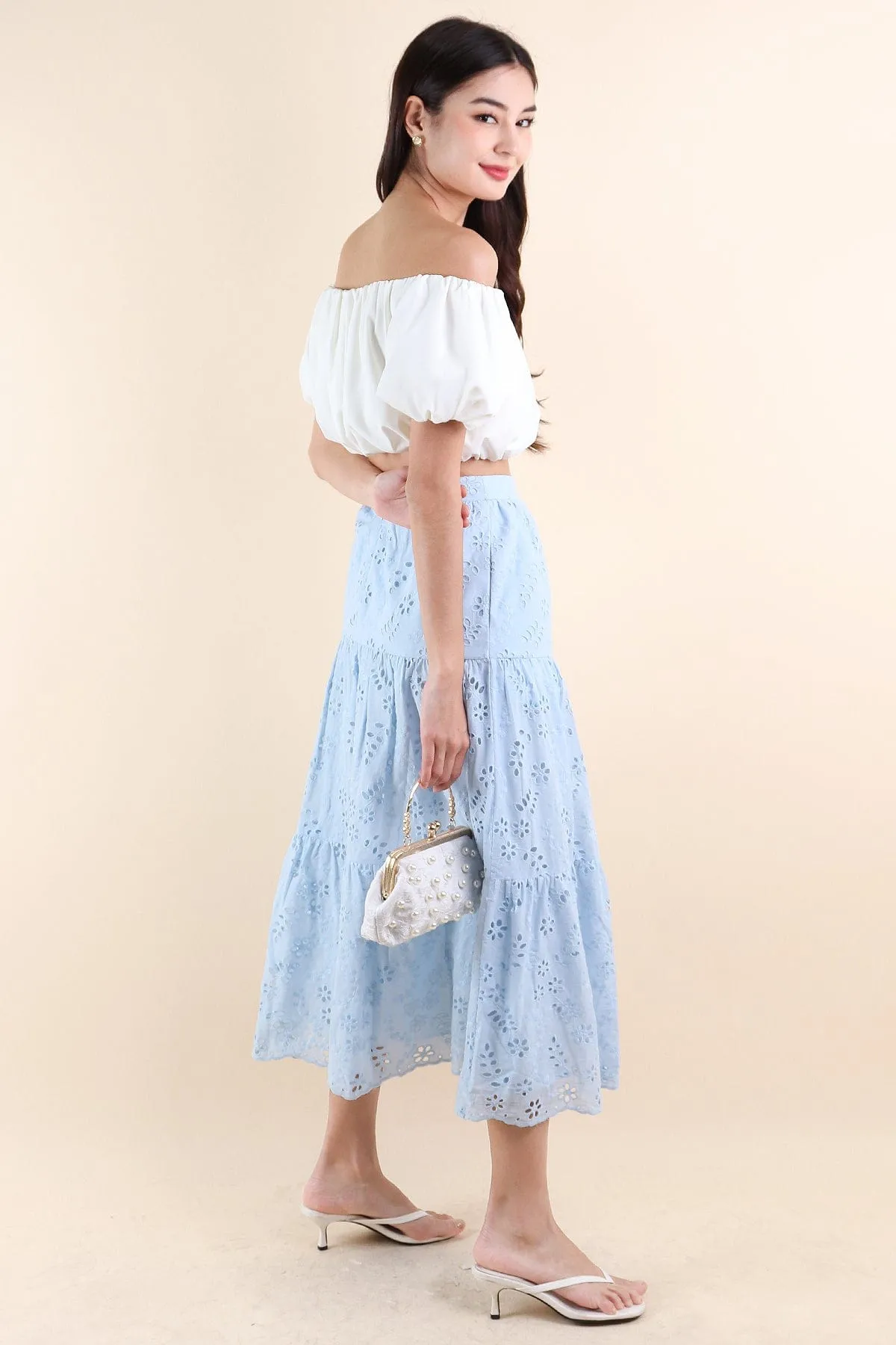 ELYSSA EYELET MIDAXI TIER SKIRT IN SKY