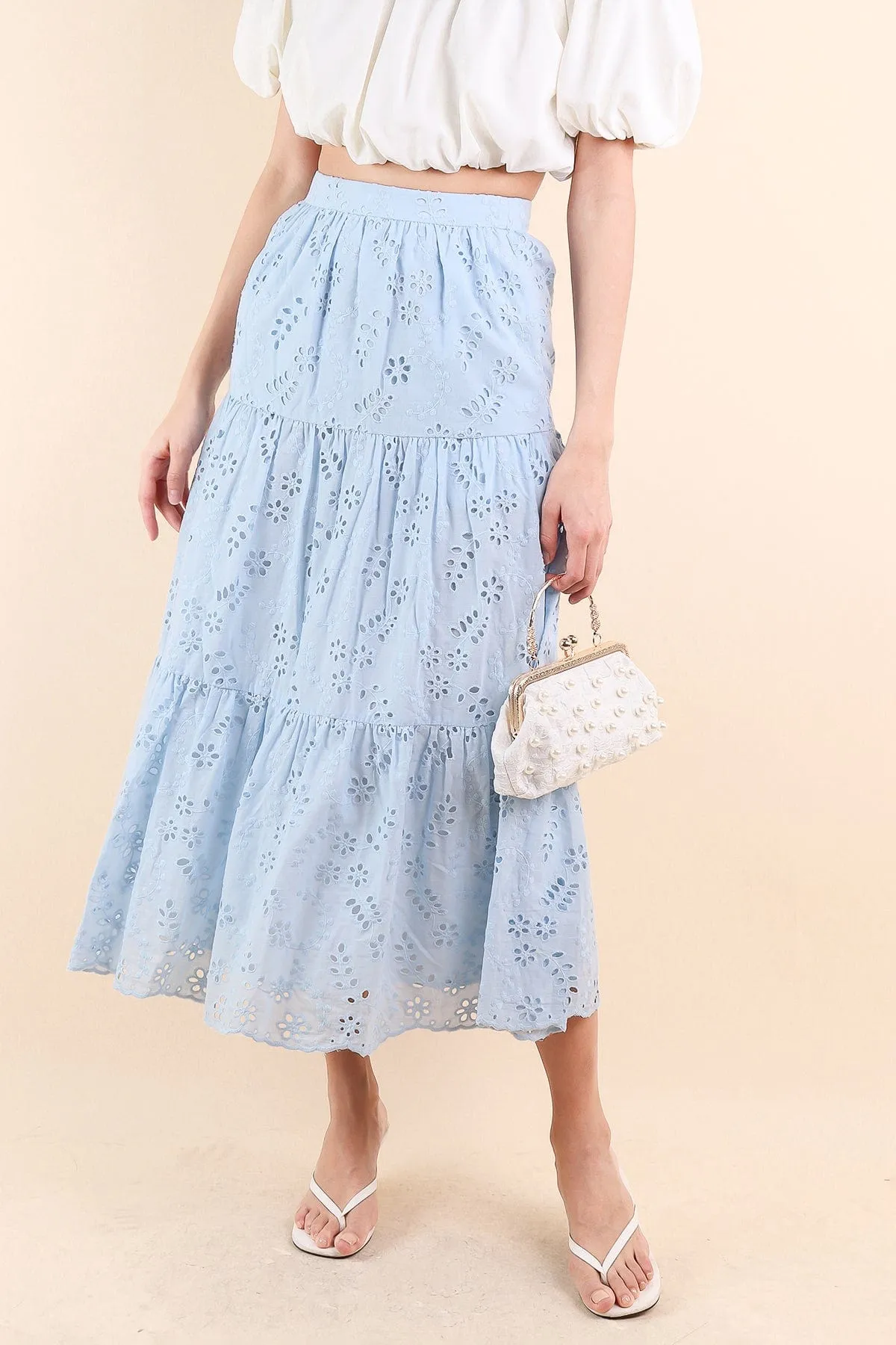 ELYSSA EYELET MIDAXI TIER SKIRT IN SKY