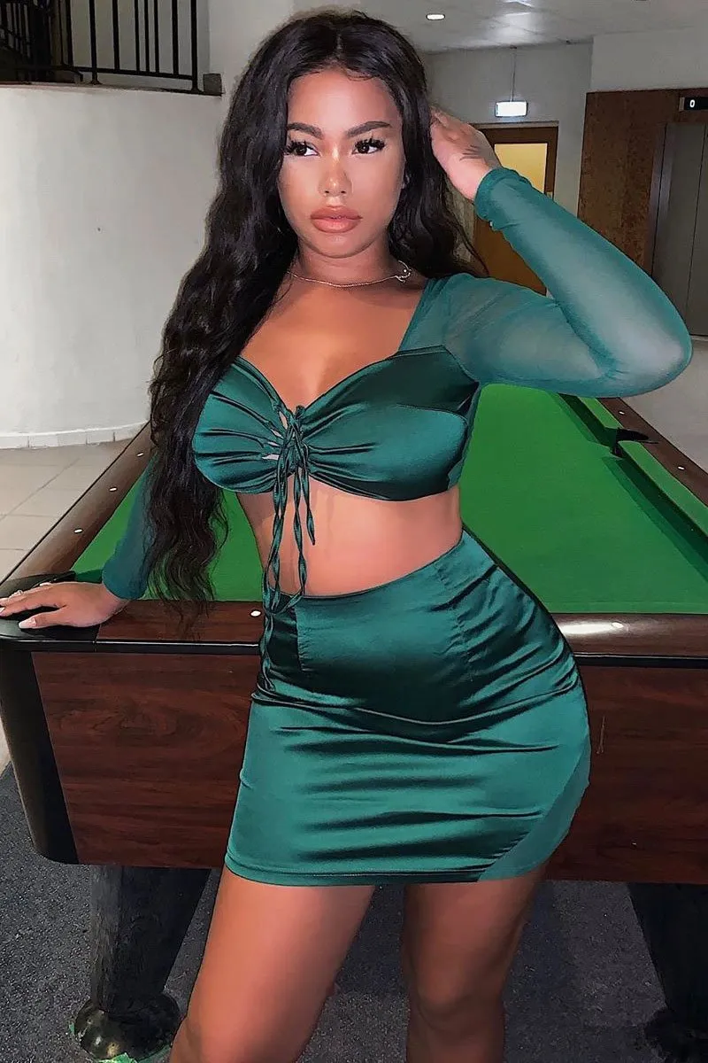 Emerald Satin Mesh Lace Up Detail Co-Ord - Levi