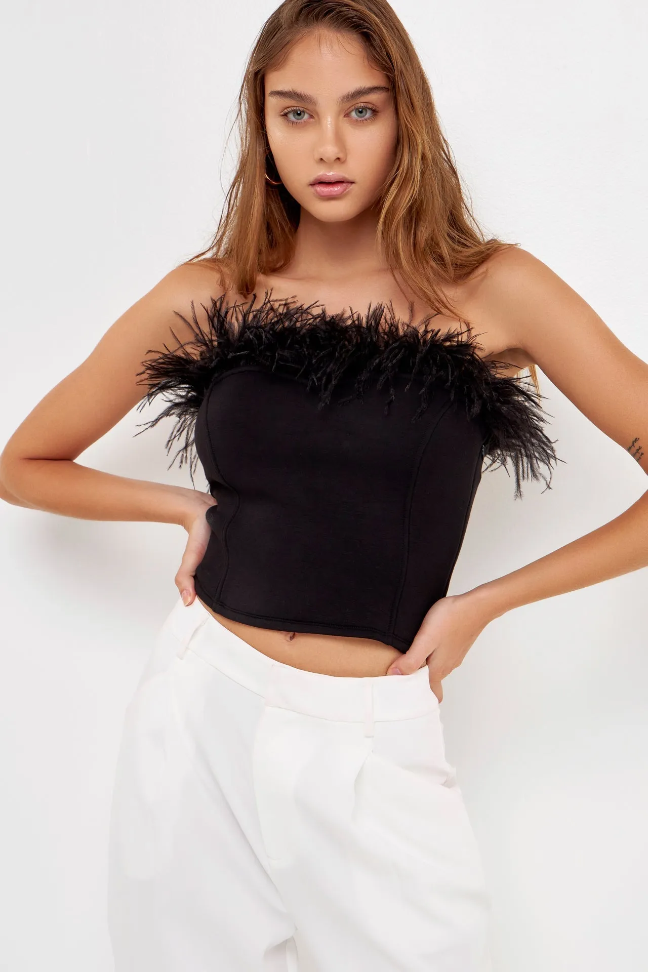 Endless Rose - Strapless Knit Feather Top