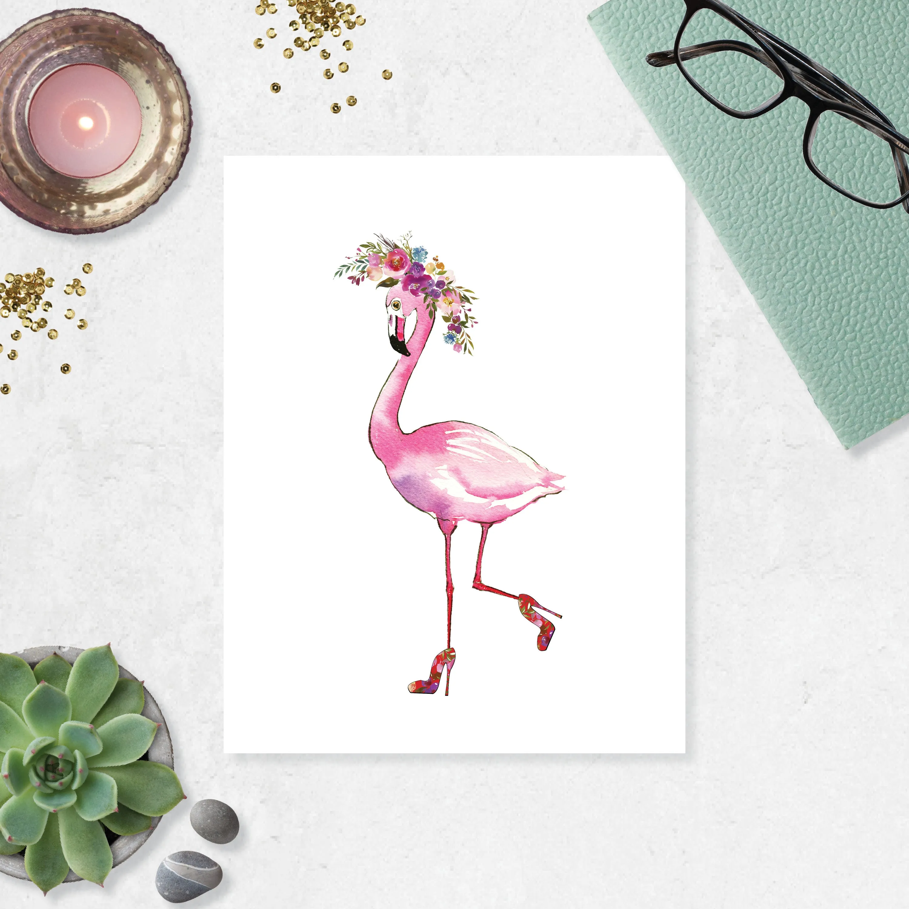 Flamingo with Floral High Heels and a Floral Hat