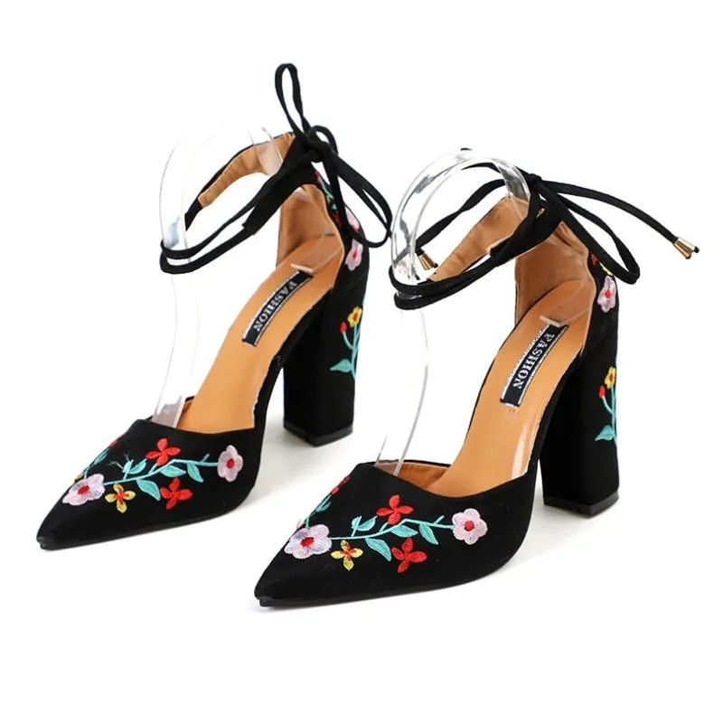 Floral Embroidery Pattern High Heels