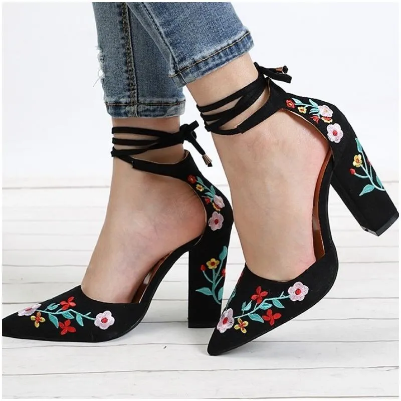 Floral Embroidery Pattern High Heels