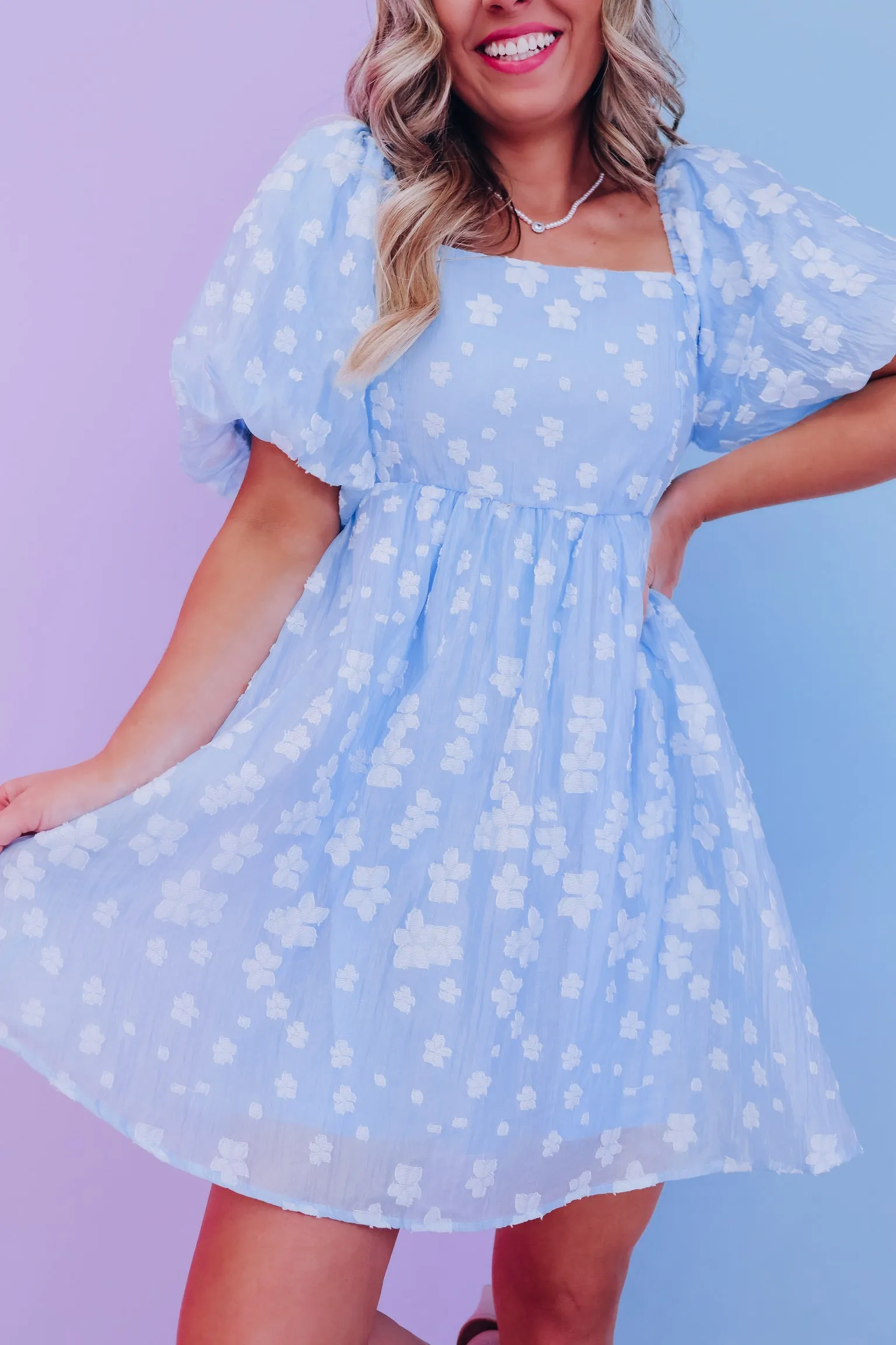 Grace Floral Embossed Puff Sleeve Dress - Blue