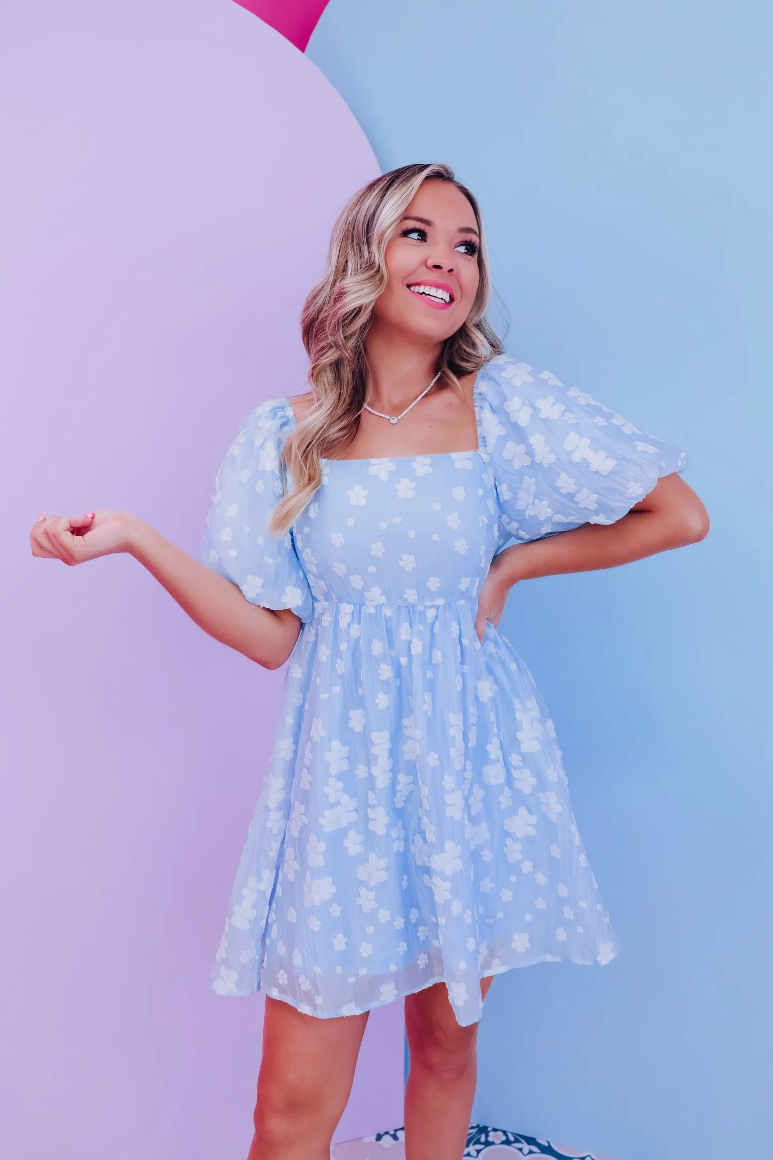 Grace Floral Embossed Puff Sleeve Dress - Blue