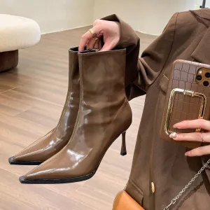 Graduation Gift Retro Pointed Short Boots Women's New Temperament High-Heeled Shoes Patent Leather Fashion Solid   Office Ladies Shoes