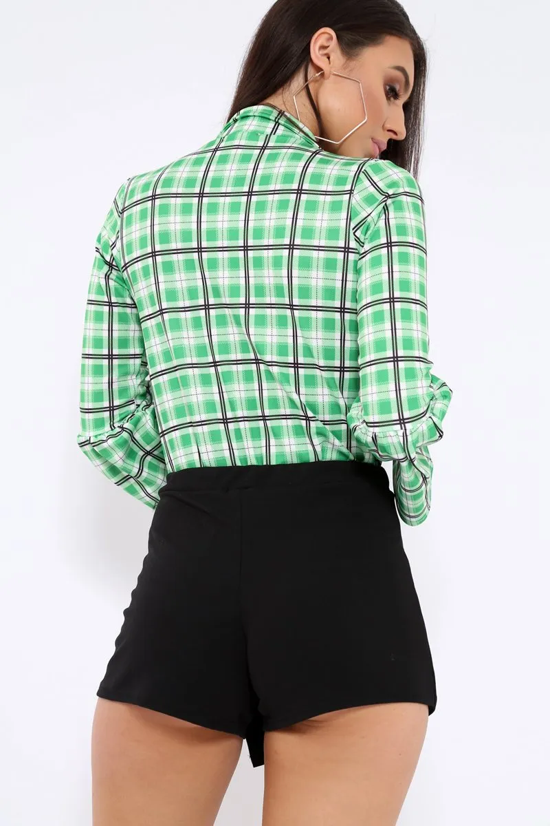 Green Check Plunge Front Flare Sleeve Bodysuit - Madianna