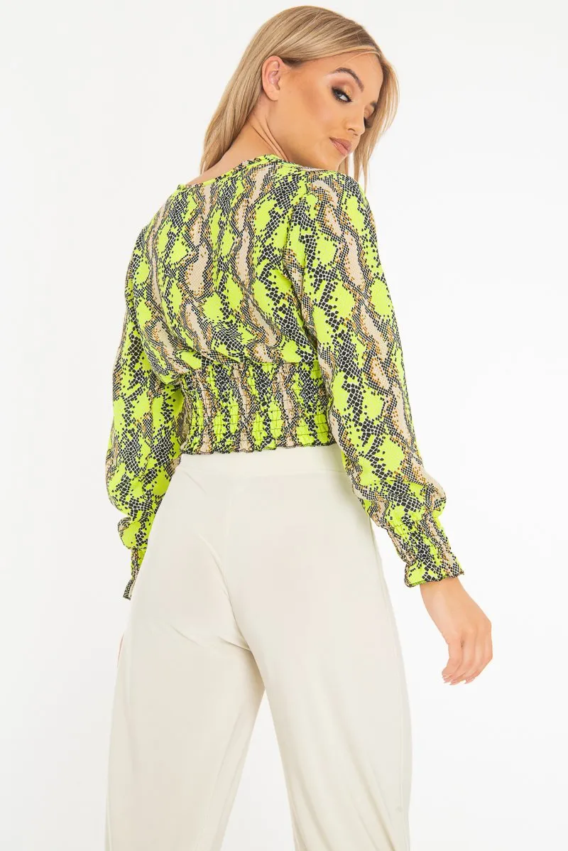 Green Snake Print Plunge Shirred Waist Blouse - Athena