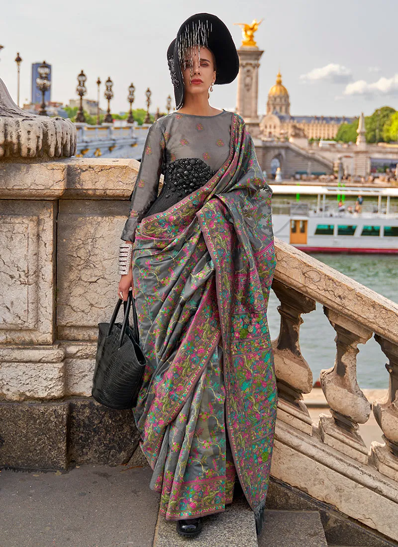 Grey Handloom Woven Floral Printed Silk Saree