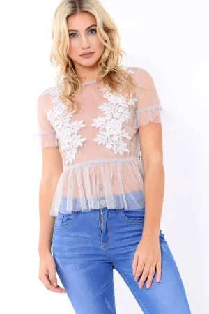 Grey Mesh Embroidered Top - Charlie