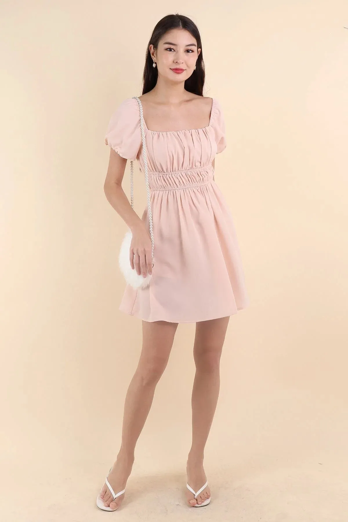 HAILEY SLEEVE ROMPER DRESS IN PEACH PINK